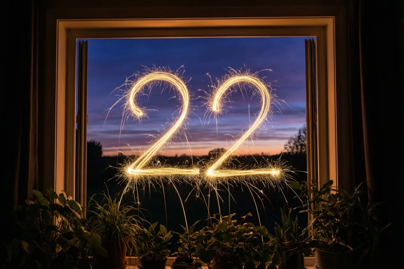 Gouden lichtsporen vormen 22 tegen een schemerlucht door een raam, met potplanten op de voorgrond en warme binnenverlichting.