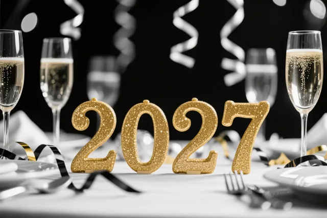 Grote gouden glittercijfers vormen 2027 op een wit tafelkleed tussen champagneglazen en zwarte en gouden slingers, voor een zwarte achtergrond.