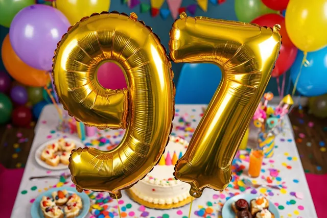 Twee glanzende gouden cijferballonnen 9 en 7 zweven boven een tafel met confetti en taart, voor een achtergrond met veelkleurige ballonnen en feestversiering.