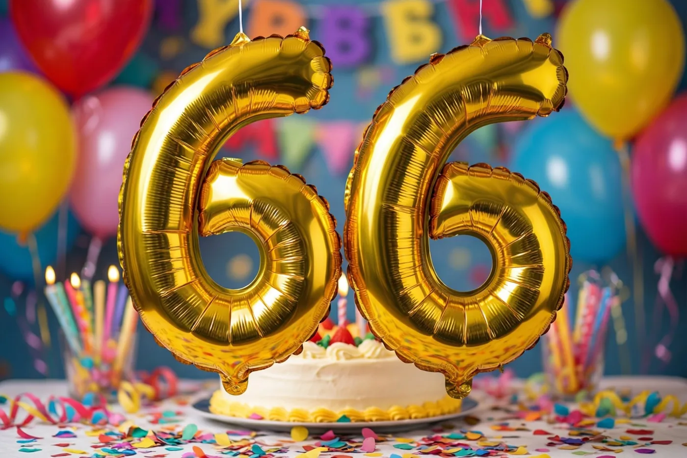 Twee grote glanzende gouden folieballonnen vormen 66 boven een tafel met gekleurde confetti en een taart, met kleurrijke ballonnen en feestversiering op de achtergrond.