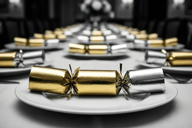 Een lange tafel is gedekt met witte borden en gouden en zilveren feestcrackers, die kleur geven aan het verder monochrome beeld.