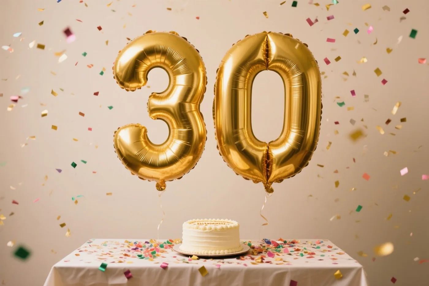 Twee grote gouden folieballonnen vormen 30 boven een tafel met een wit kleed, kleurrijke confetti en een wit taartje, met vallende confetti tegen een beige achtergrond.