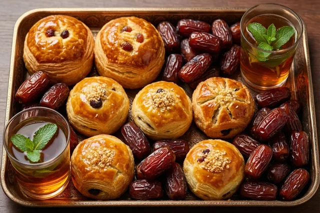 Een gouden dienblad met goudbruine gebakjes, donkere dadels en twee glazen amberkleurige muntthee staat op een donker houten oppervlak.