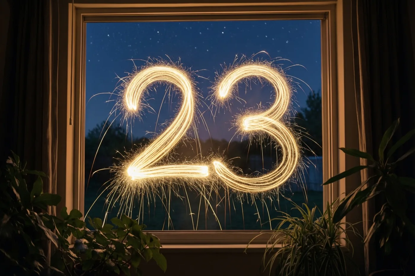 Gouden lichtsporen vormen 23 tegen een sterrenhemel, zichtbaar door een raam met gordijnen en kamerplanten.