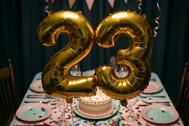 Twee glanzende gouden ballonnen vormen 23 boven een tafel met confetti en taart, voor donkere gordijnen en roze en gouden feestversiering.