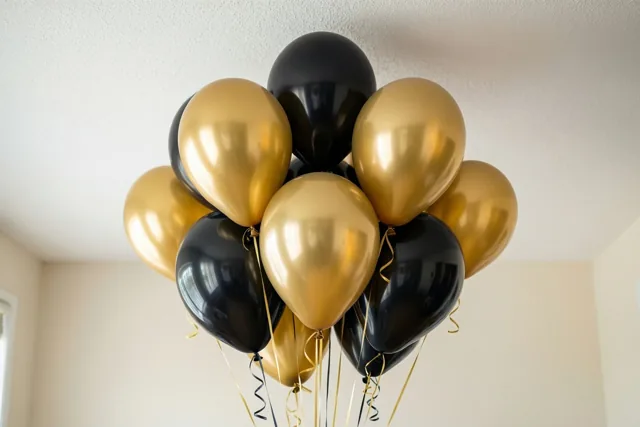 Glanzende gouden en zwarte ballonnen zweven tegen een wit plafond in een kamer met beige muren.