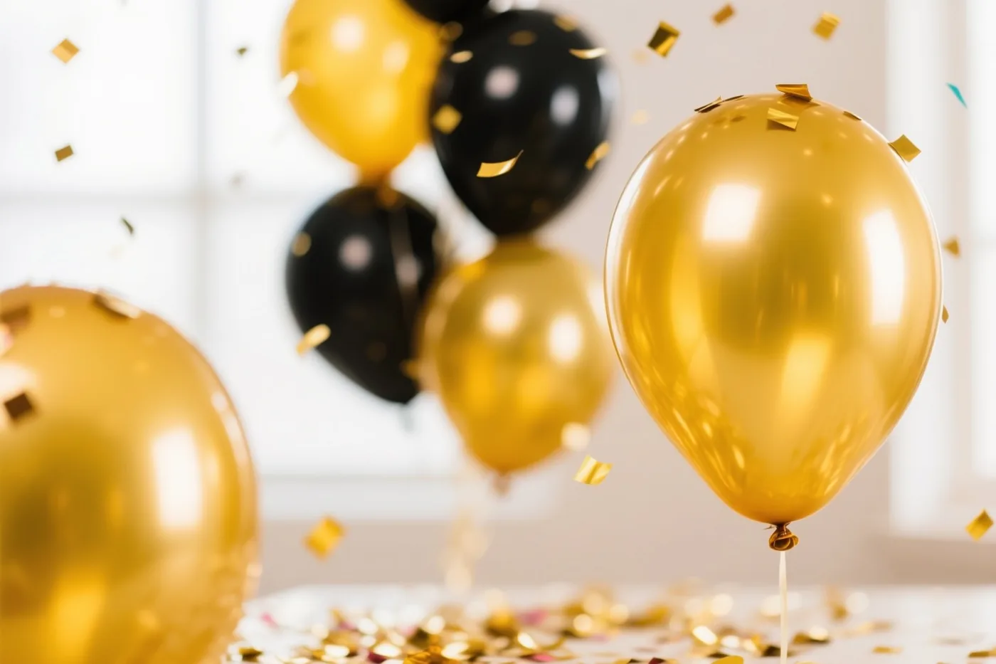 Gouden en zwarte ballonnen zweven in een lichte kamer met gouden confetti rondom.