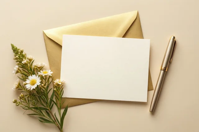 Een blanco witte kaart ligt in een gouden envelop naast een gouden vulpen en een takje witte margrieten op een beige oppervlak.