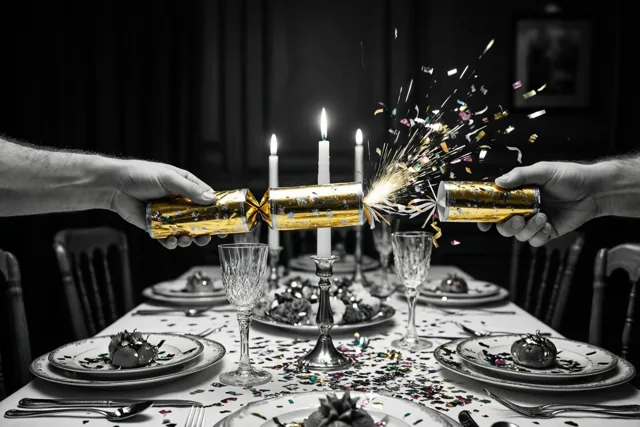 Twee handen trekken aan een gouden feestcracker waar confetti uit springt, boven een formeel gedekte tafel met kaarslicht in een schemerige eetkamer.