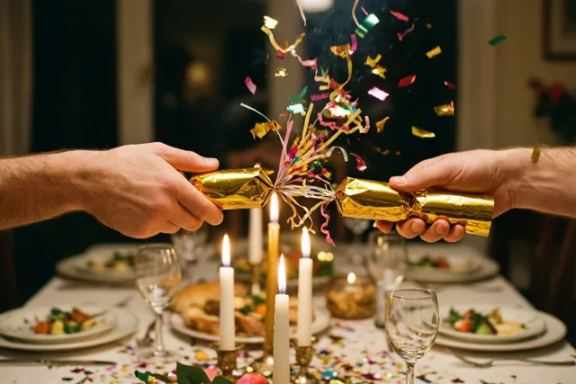 Twee handen trekken een gouden feestcracker uit elkaar boven een tafel met brandende kaarsen en borden eten, waarbij kleurrijke confetti tevoorschijn springt.