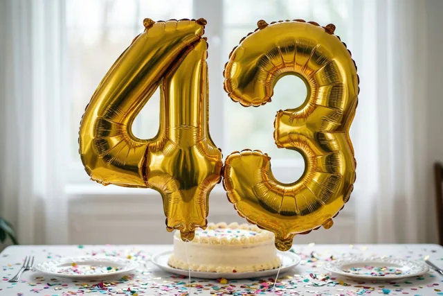 Grote glanzende gouden folieballonnen in de vorm van 4 en 3 zweven boven een tafel met taart en confetti, met zacht raamlicht op de achtergrond.