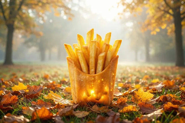 Een gouden frietbakje in de herfst
