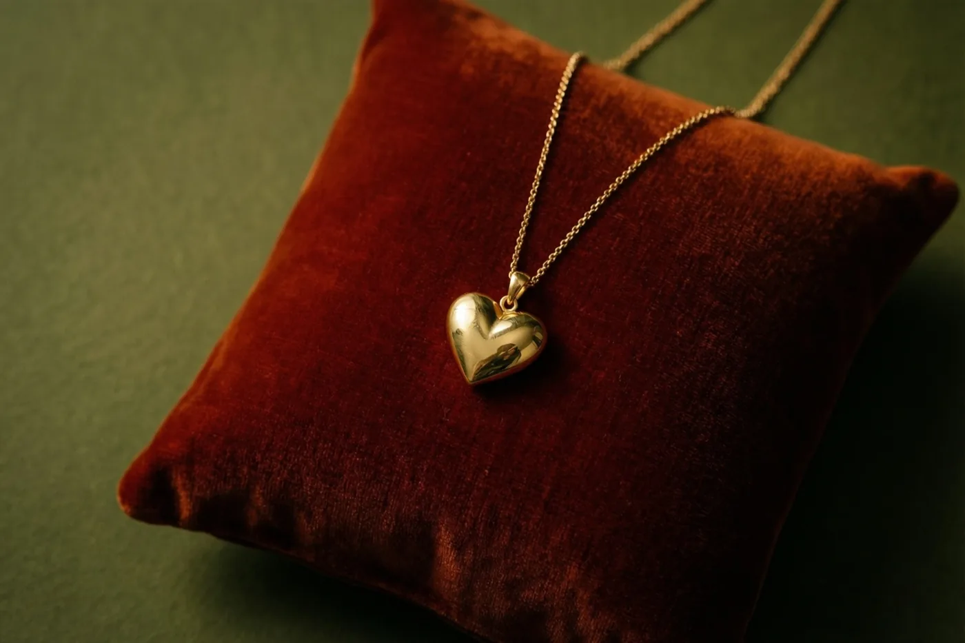 Een gouden hartjeshanger met een fijne ketting ligt op een rood fluwelen kussen tegen een donkergroene achtergrond.