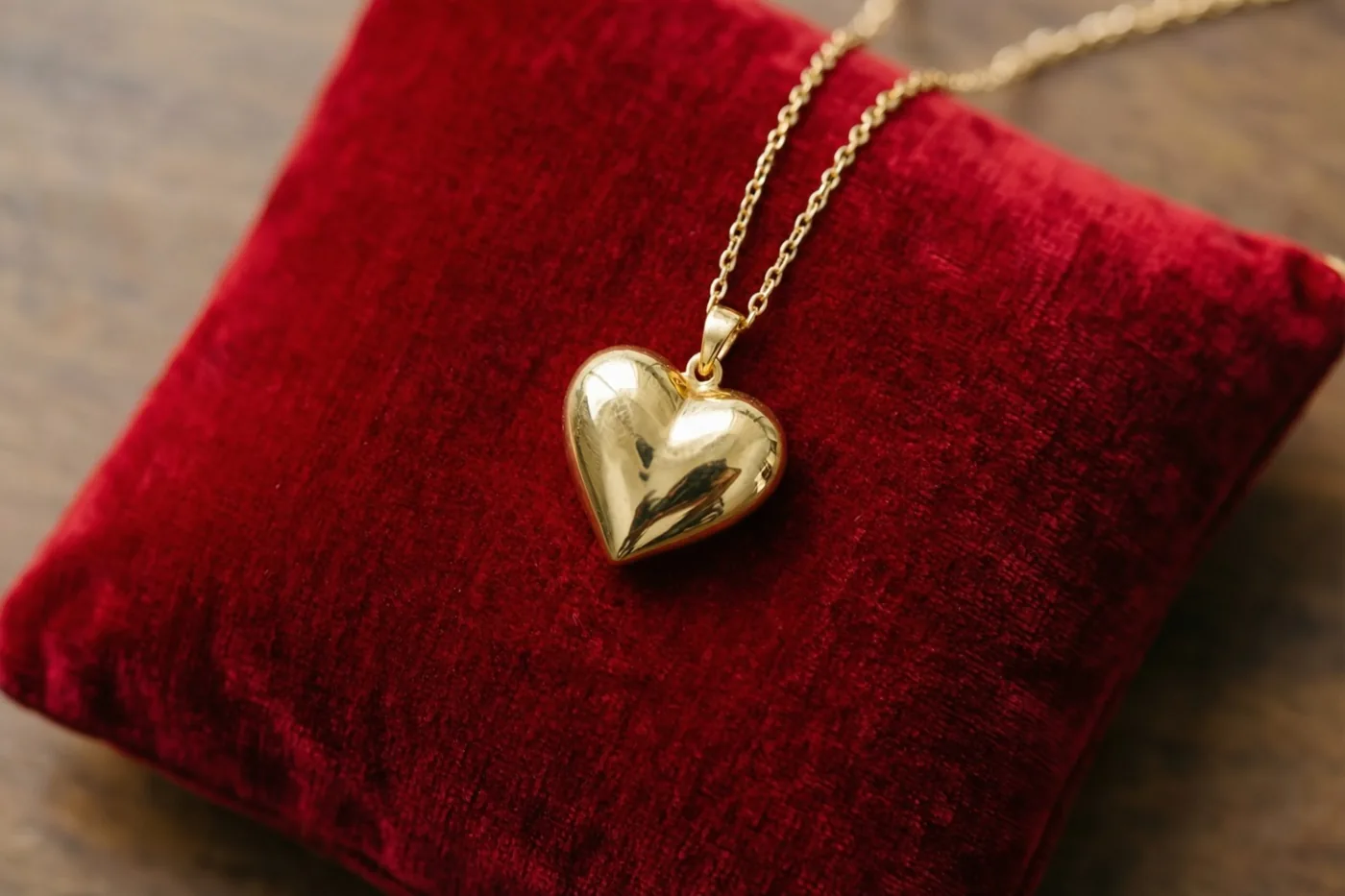 Een gouden hartjeshanger met een fijne ketting ligt op een rood fluwelen kussen op een houten ondergrond in warm licht.