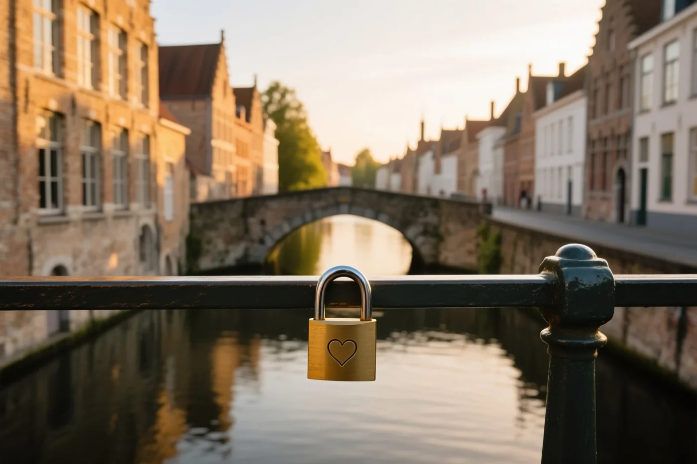 Een goudkleurig hartvormig hangslot hangt aan een zwarte metalen reling boven een kanaal, met oude Vlaamse bakstenen gebouwen en een stenen brug in avondzon.