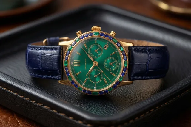 Een gouden polshorloge met een groene wijzerplaat, een rand met edelstenen en een donkerblauwe leren band ligt op een donker leren schaaltje.