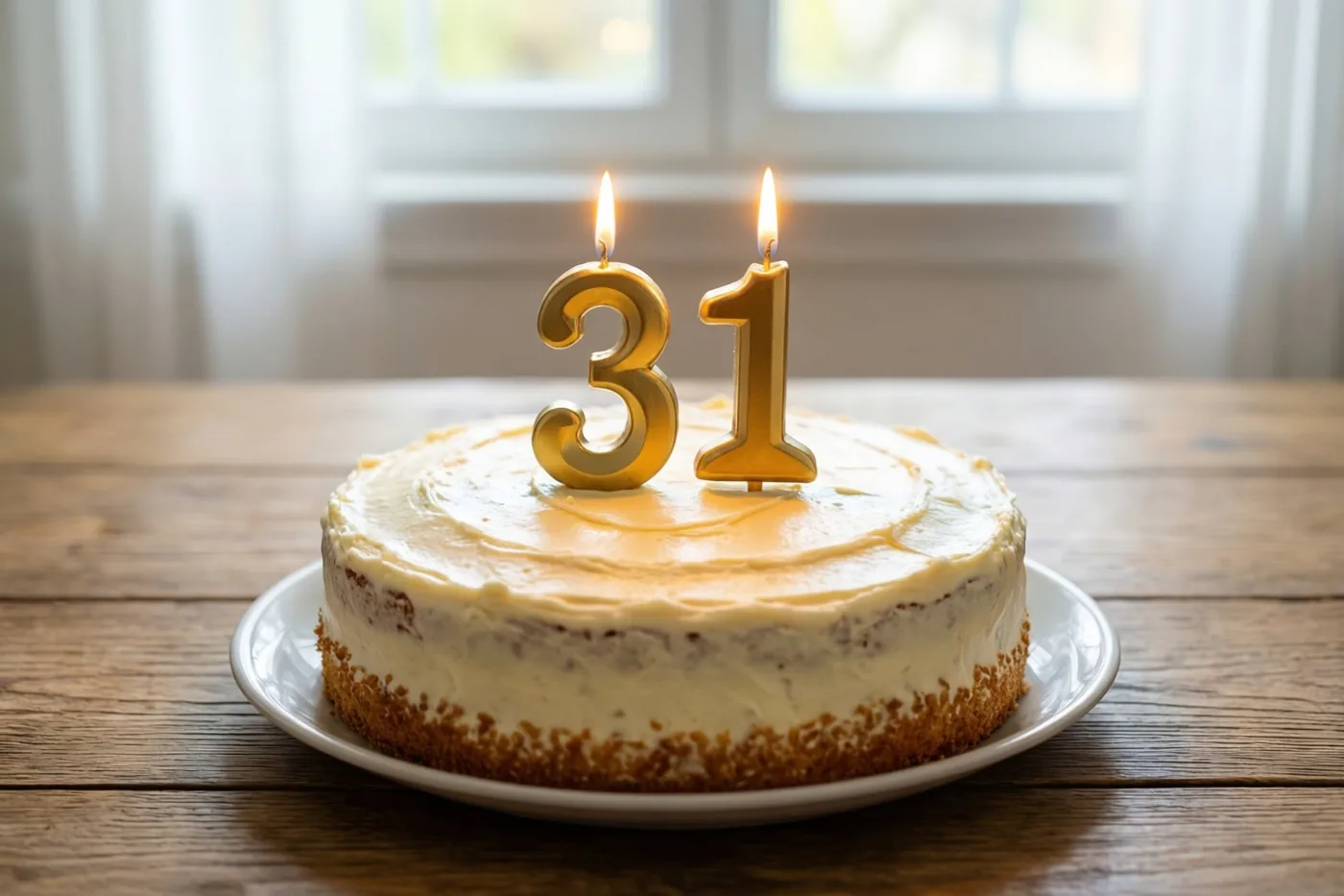 Een ronde roomtaart met twee brandende gouden cijferkaarsjes 31 staat op een wit bord op een houten tafel.