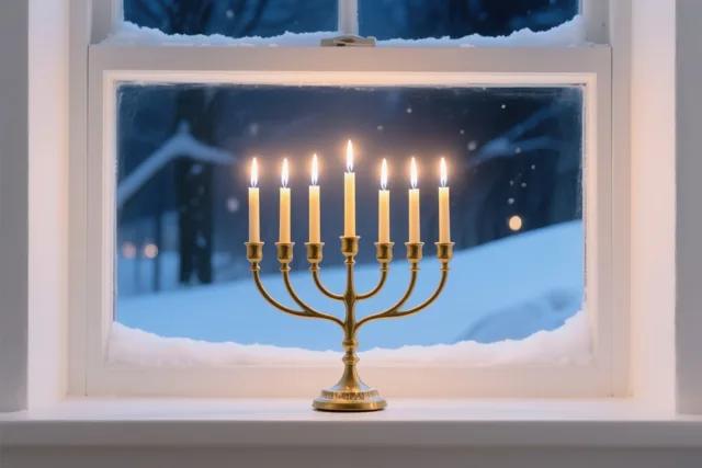 Een gouden negenarmige chanoekia met brandende kaarsen staat op een vensterbank voor een besneeuwd nachtlandschap in blauwe tinten.