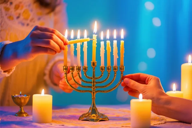 Twee handen steken met de sjammasj een kaars op een gouden chanoekia aan, op een tafel met een doek met patroon tegen een blauwe achtergrond met wazige lichtjes.