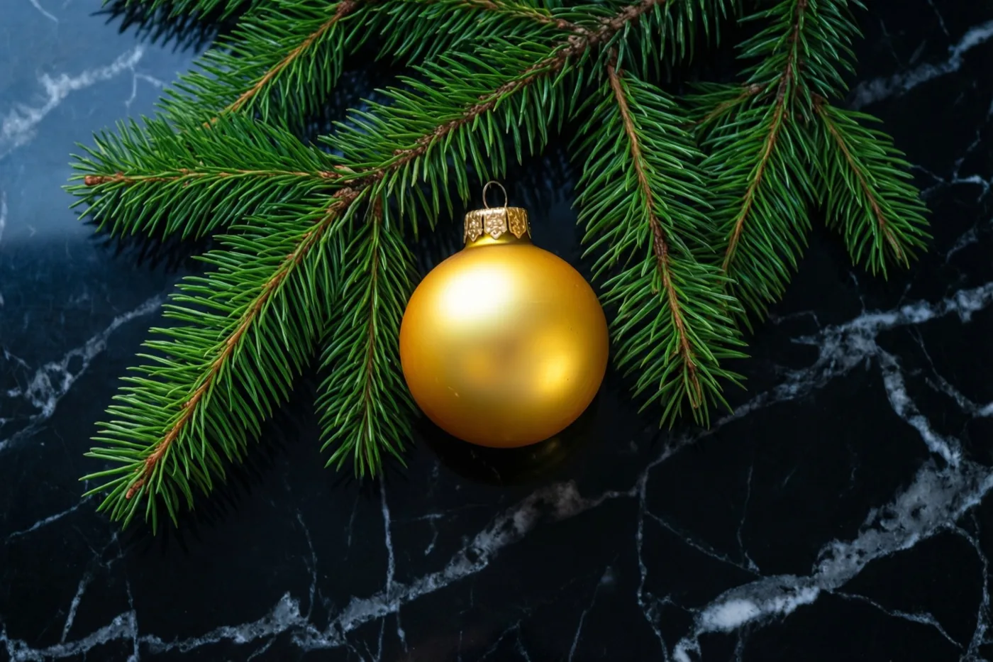 Een gouden kerstbal ligt op zwart marmer onder een groen dennentakje, tegen een donkere achtergrond.