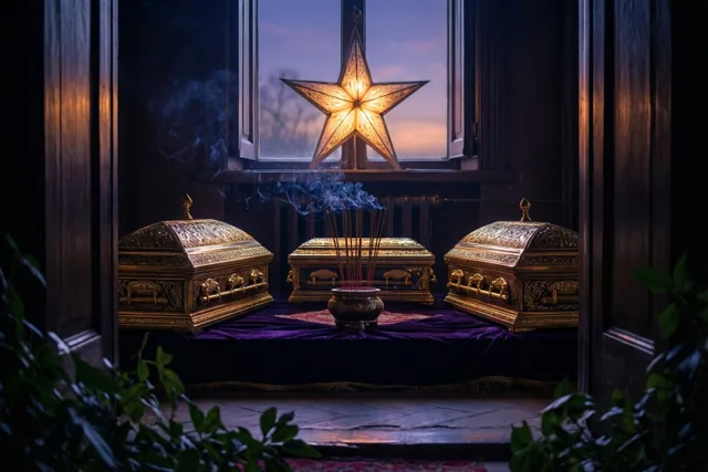 Drie versierde gouden kistjes staan op donkerpaars fluweel bij een raam in de schemering, met een lichtgevende ster erboven en wierookrook uit een brander ertussen.