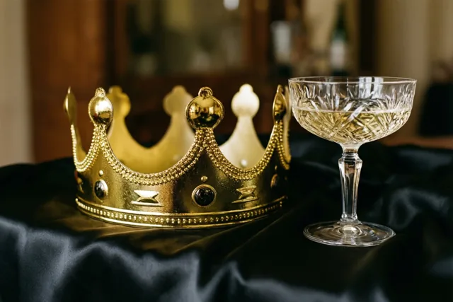 Een gouden feestkroon ligt naast een kristallen champagnecoupe op zwarte zijde, in warm en zacht licht met een onscherpe achtergrond.