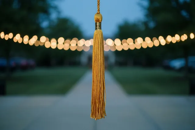 Een gouden kwastje van een afstudeerhoed hangt scherp in beeld voor een onscherp pad, groen en warme feestlichtjes bij schemering.