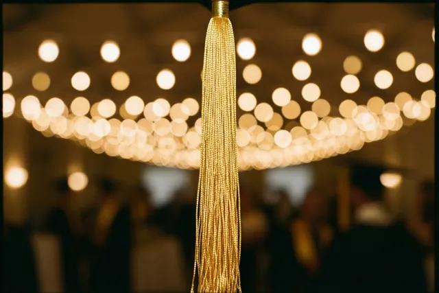 Een gouden kwastje van een afstudeerhoed is scherp van dichtbij gefotografeerd, met onscherpe warme feestlichtjes op de achtergrond.