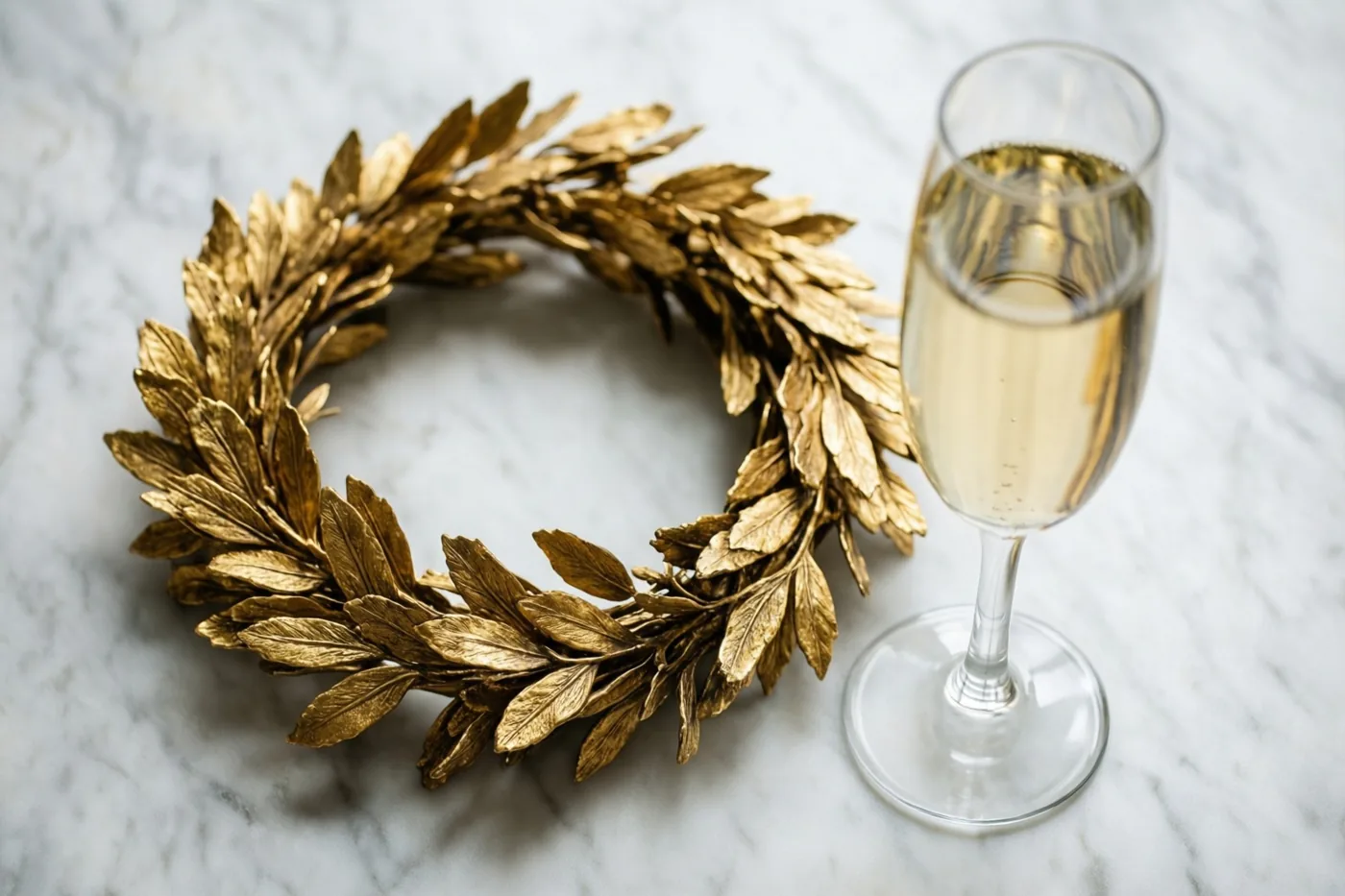Een vergulde lauwerkrans ligt naast een glas champagne op een wit marmeren oppervlak.