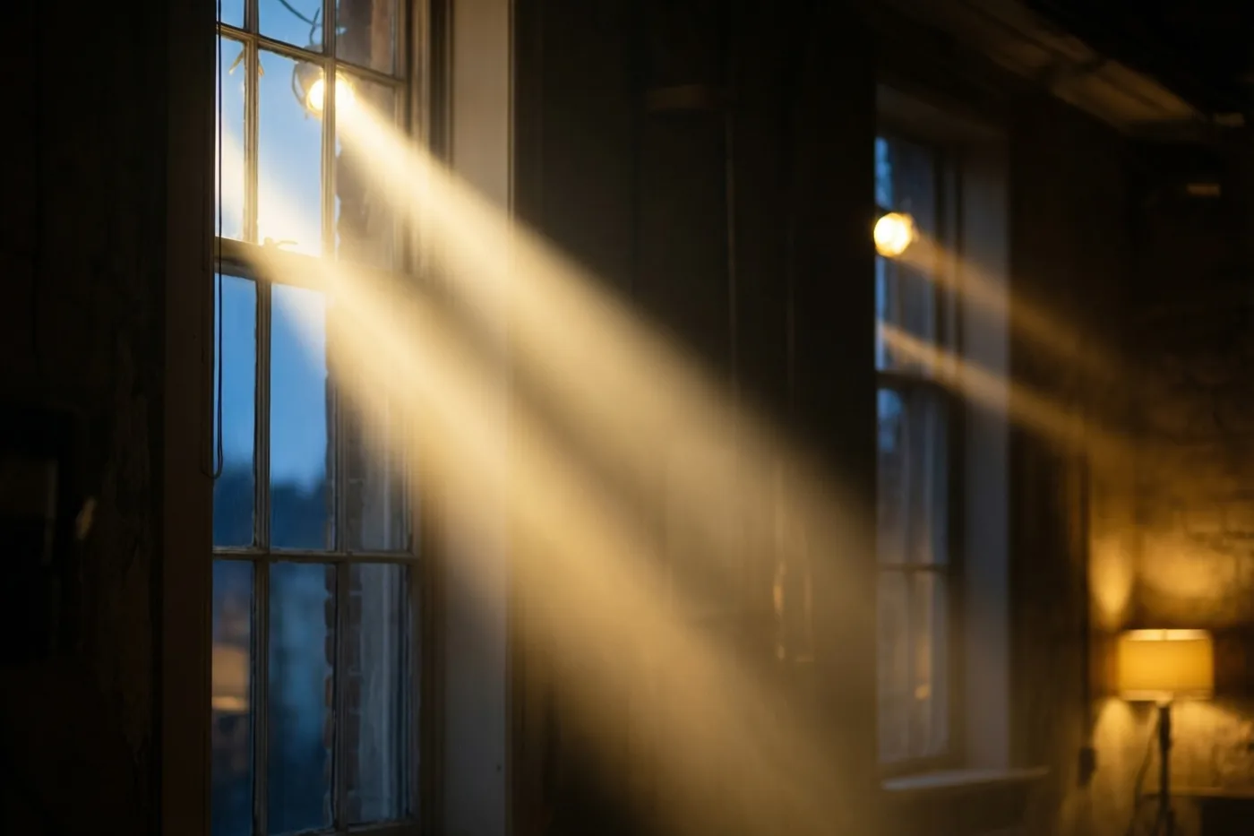 Een sterke bundel warm licht valt schuin door een raam met meerdere ruiten in een donkere, rustieke ruimte.