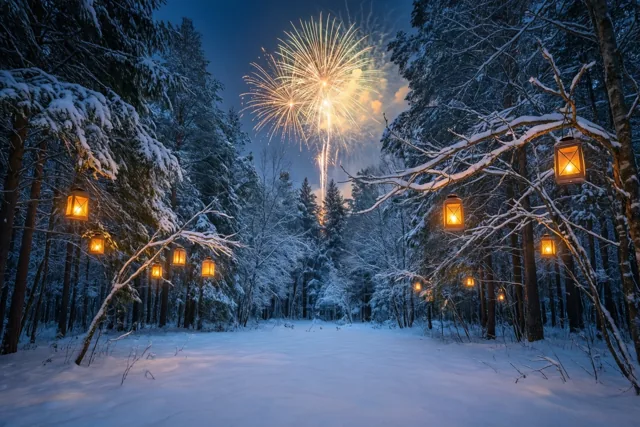 Lantaarns aan besneeuwde takken verlichten een open plek in het bos bij nacht, terwijl goudkleurig vuurwerk boven de bomen oplicht.
