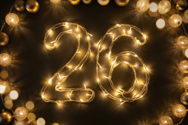 Het getal 26 van warm gloeiende lichtslingers hangt tegen een donkere muur, omringd door onscherpe lichtjes in gouden en donkere tinten.