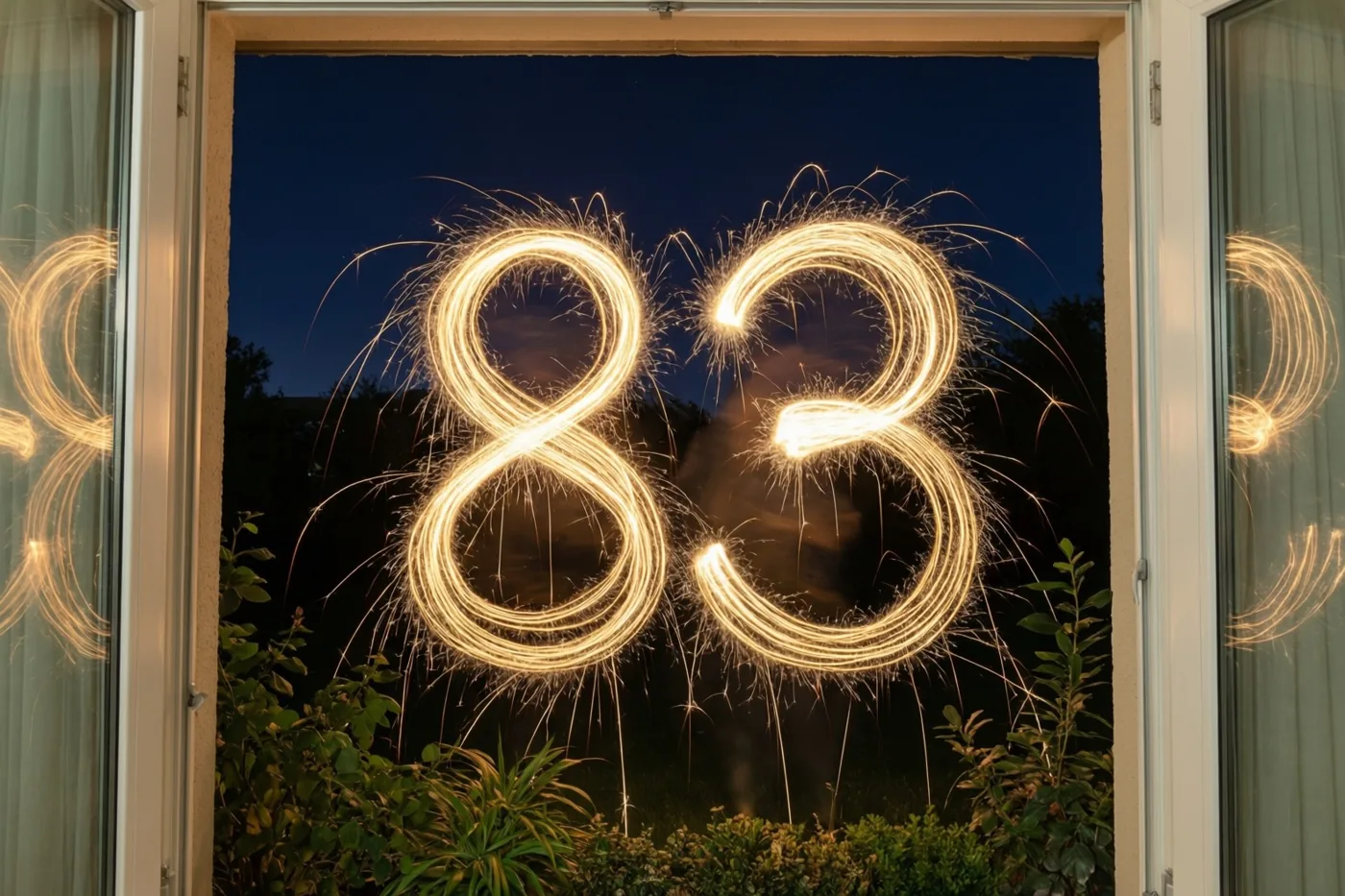 Door een open raam met een wit kozijn en groen eronder zijn gouden lichtsporen te zien die 83 vormen tegen een donkere nachthemel.