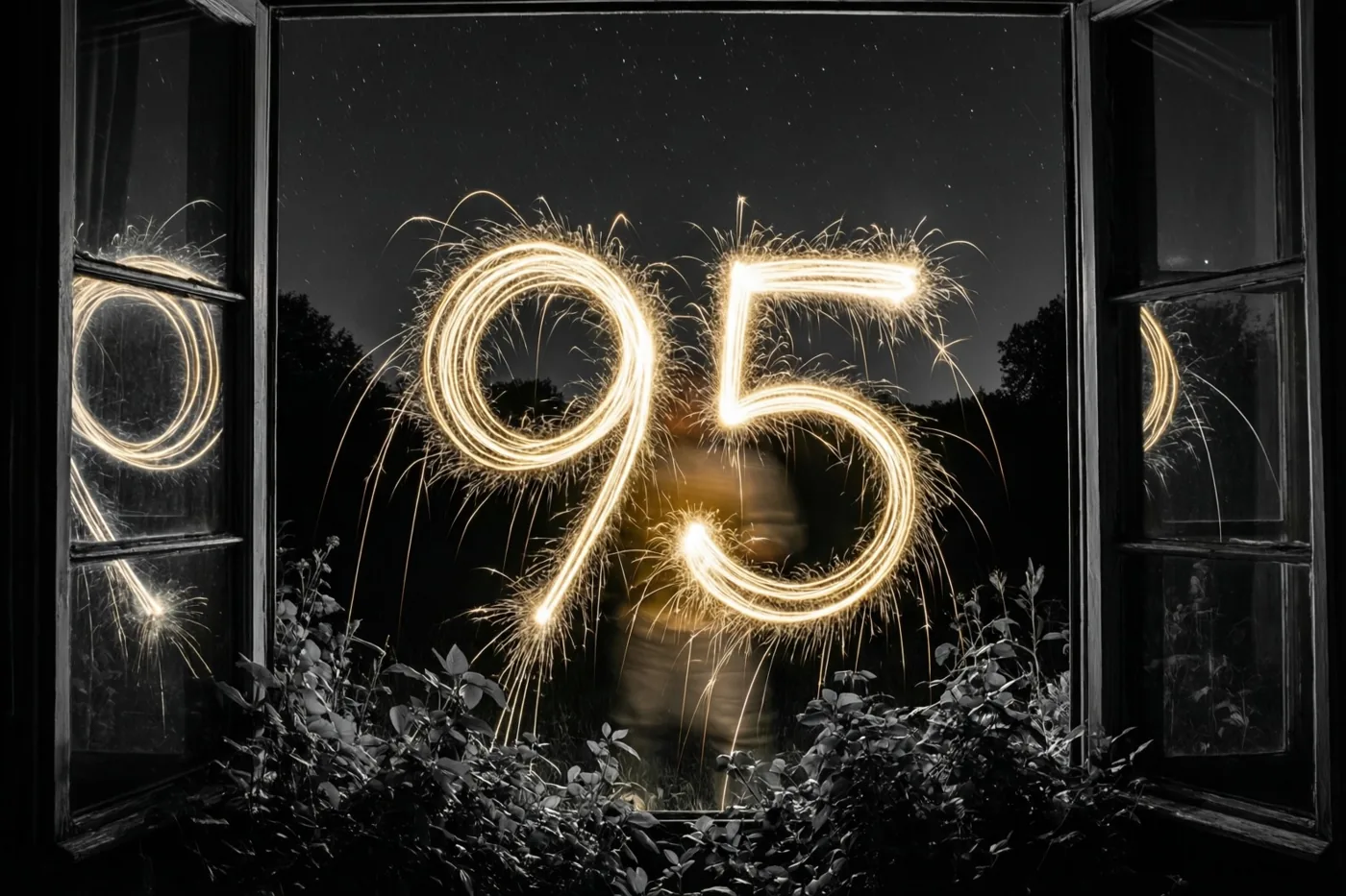 Door een open raam is 95 in gouden lichtsporen van sterretjes te zien tegen de donkere nachtlucht, met donker gebladerte onderaan.