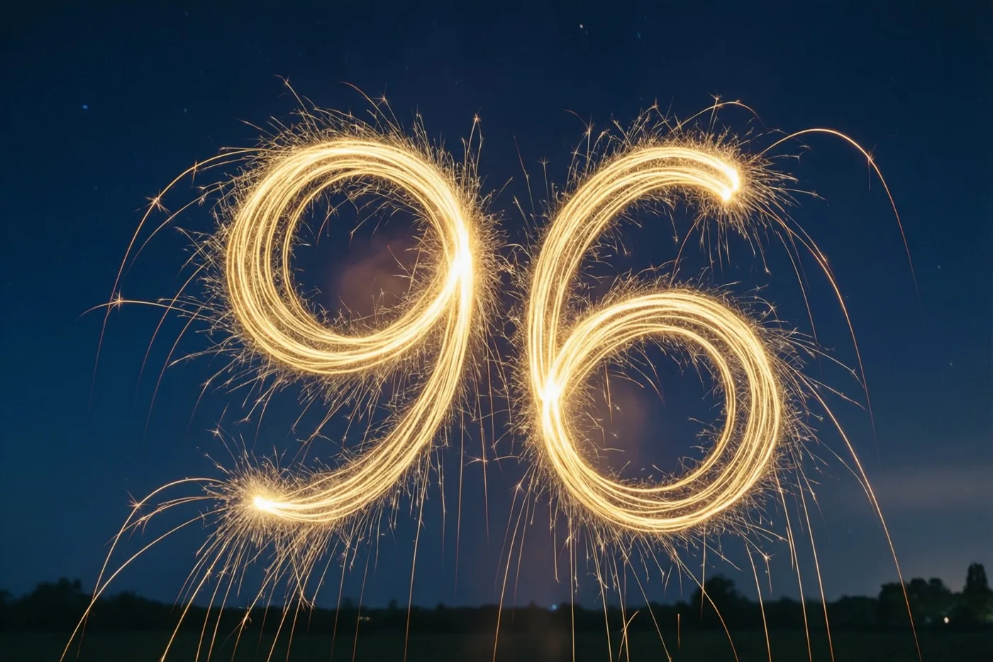 Gouden lichtsporen van sterretjes vormen 96 tegen een donkere nachtlucht.