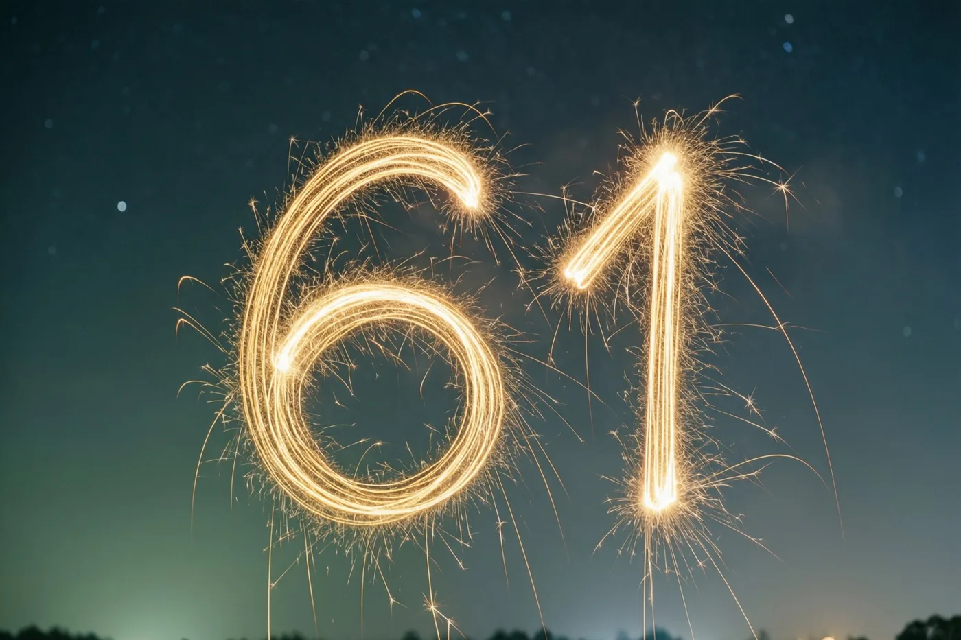 Gouden lichtsporen van sterretjes vormen 61 tegen een donkere nachthemel met zwakke sterren en koele blauwe en groene tinten.