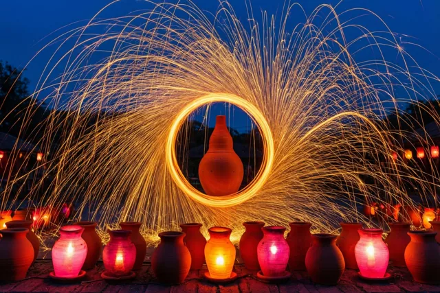 Gouden lichtsporen van sterretjes vormen een cirkel boven een rij gloeiende lampjes van klei tegen een diepblauwe schemerhemel.