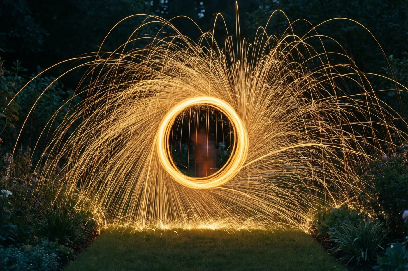 Gouden lichtsporen van een sterretje vormen ’s nachts een gloeiende cirkel tegen donker gebladerte in een tuin.