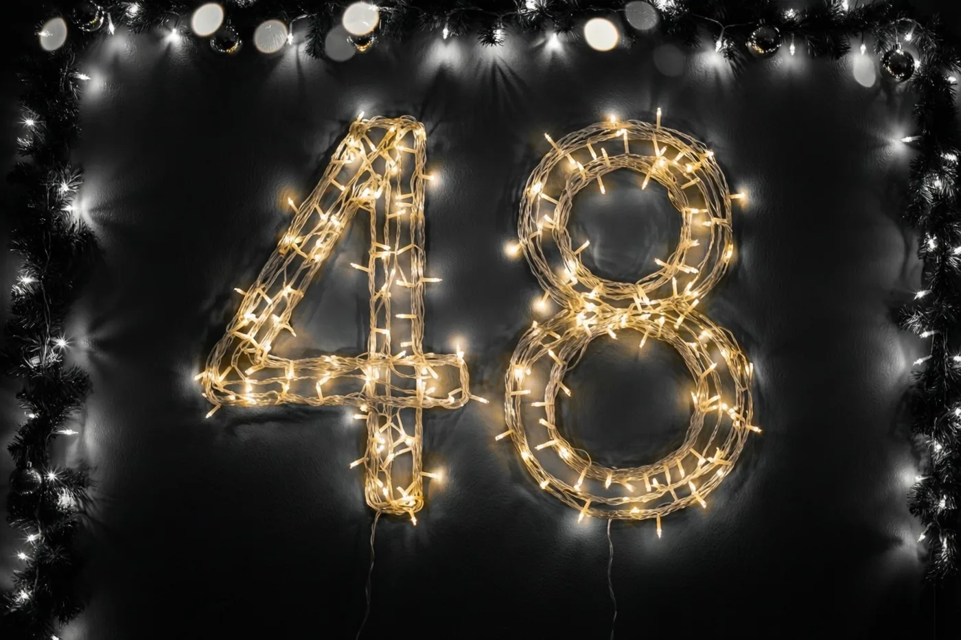 Het getal 48 van warme lichtjes hangt tegen een donkere muur, omringd door een decoratieve slinger en onscherpe lichtjes.