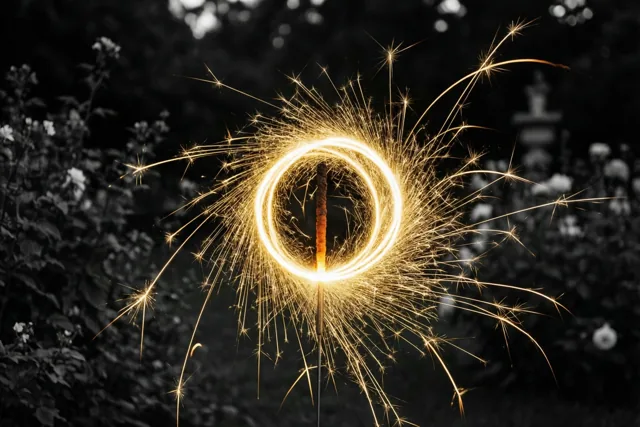 Gouden lichtsporen van een sterretje vormen een heldere cirkel in een donkere tuin tegen een zwart-witte achtergrond van bladeren.