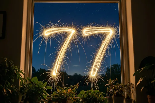 Door een raam is het getal 77 in gouden lichtsporen te zien tegen een sterrenhemel, met kamerplanten en warm licht binnen.