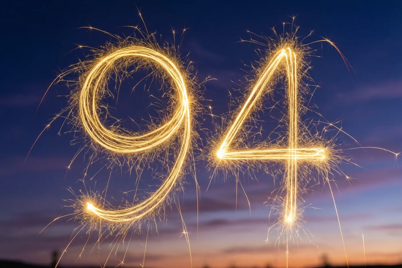 Gouden lichtsporen van sterretjes vormen 94 tegen een blauwe en oranje schemerlucht.