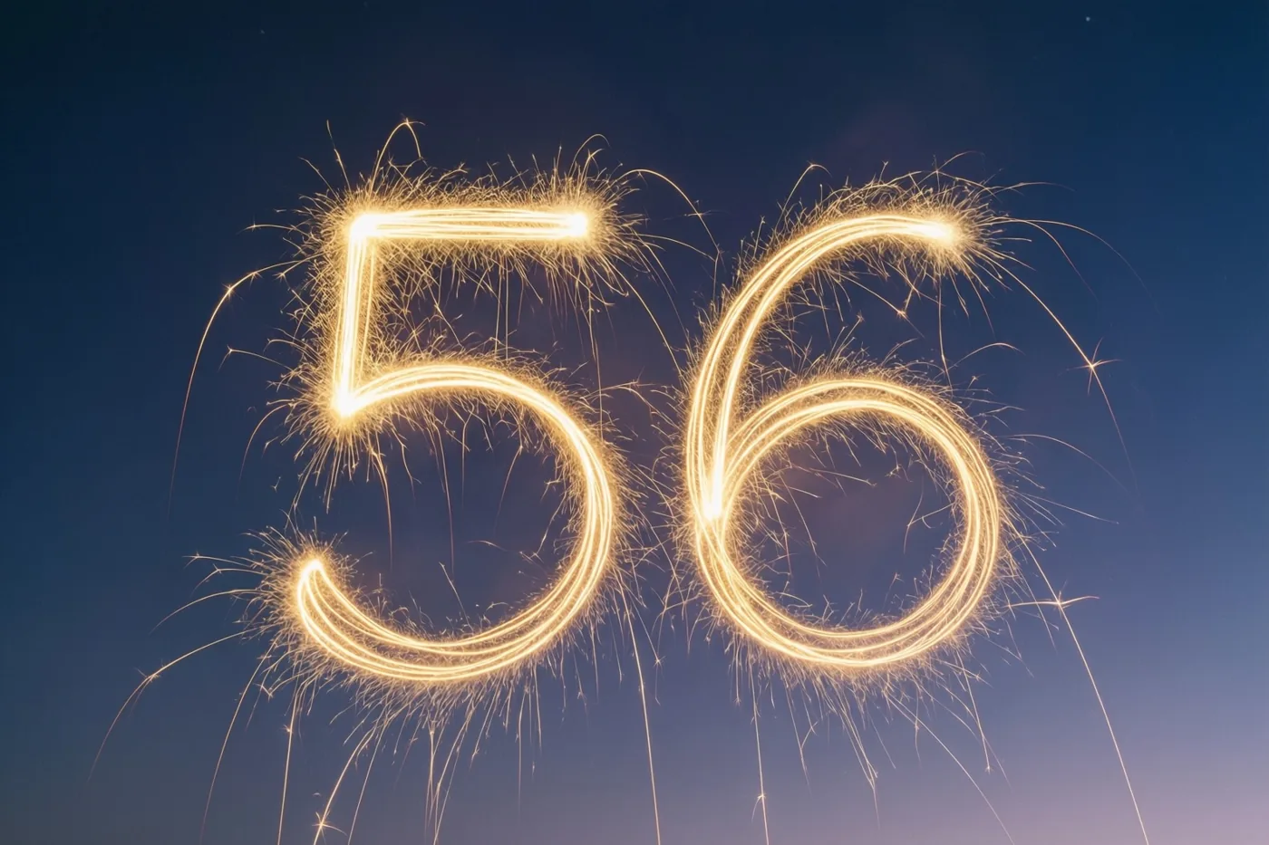 Gouden lichtsporen van sterretjes vormen 56 tegen een diepblauwe nachtlucht.
