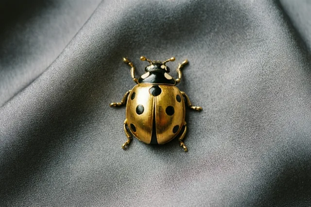 Een gouden lieveheersbeestjesbroche met zwarte stippen ligt op grijze zijde met zichtbare structuur, in zacht licht.