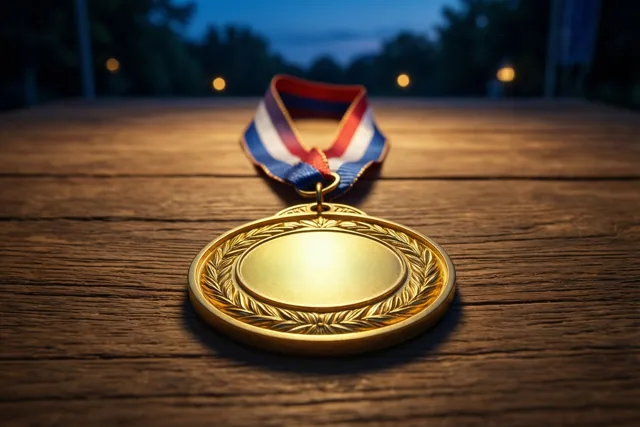 Een gouden medaille met een rood-wit-blauw lint ligt op een houten tafel in de schemering, met onscherpe bomen en lichtjes op de achtergrond.