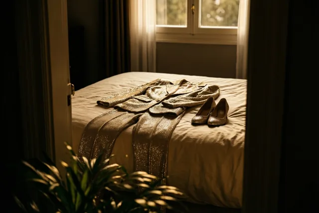 Een glanzende gouden outfit en bijpassende schoenen liggen op een bed in een warm verlichte slaapkamer met gouden en beige tinten.