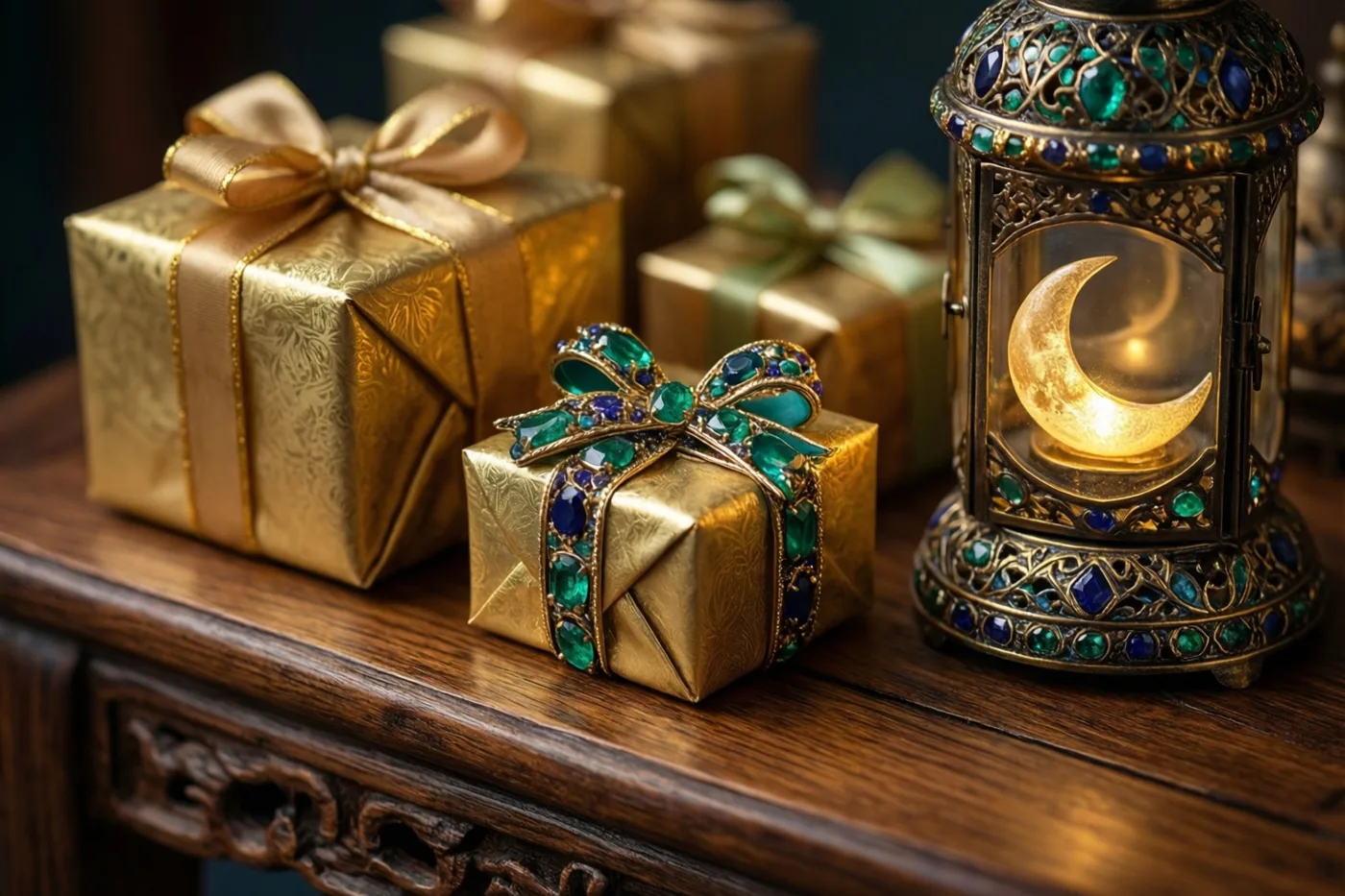Goudkleurig ingepakte cadeaus met strikken versierd met sierstenen staan naast een sierlijke maanlantaarn op een donkere houten tafel met snijwerk.