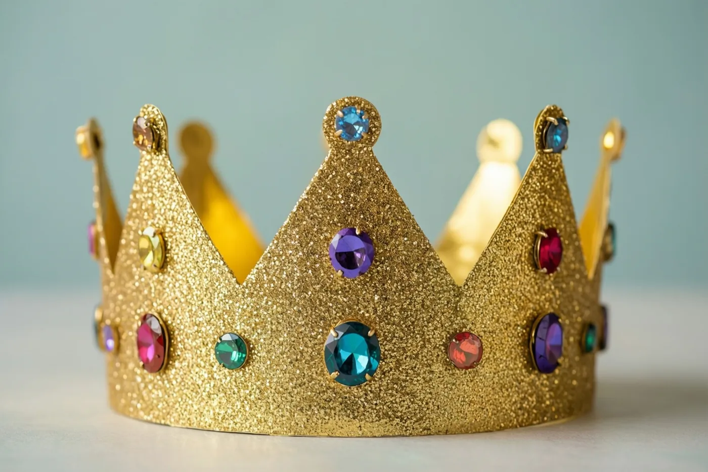 Een glinsterende gouden papieren kroon met kleurrijke papieren juwelen ligt op een lichte ondergrond tegen een zachtblauwe achtergrond, in warm licht.
