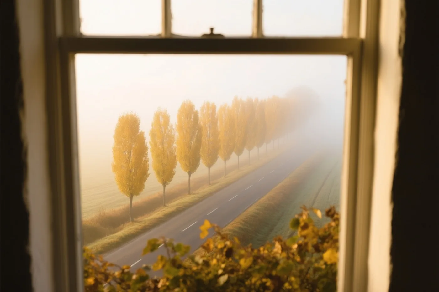 Vanuit een kamer is door een raam een landweg met gouden populieren in zachte herfstmist te zien.