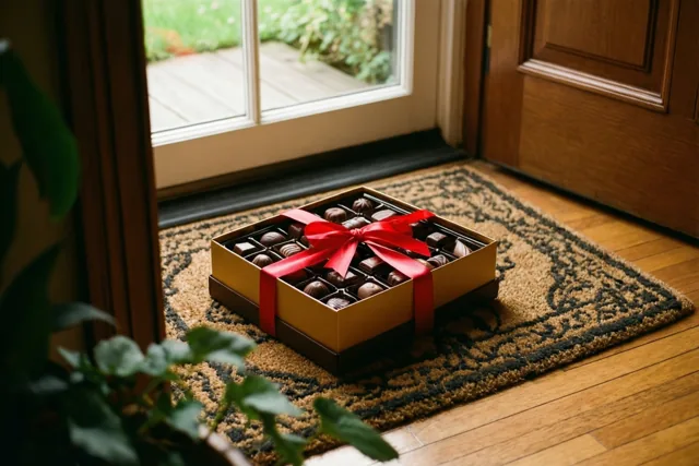Een vierkante gouden doos Belgische pralines met een rood lint staat op een deurmat met een patroon bij een houten deuropening, met groen buiten en een potplant vooraan.